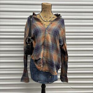 Blue and orange plaid button up flannel shirt